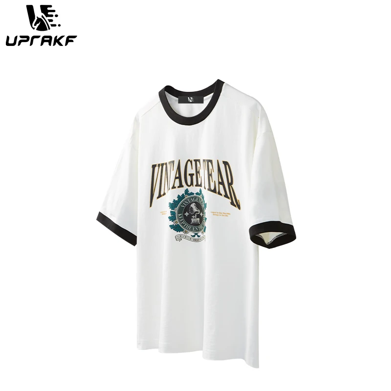 UPRAKF Streetwear Y2K Vintage Tear Letter Print American Retro Oversized Cotton Vintage O- Neck Short Sleeve Unisex Top Tees