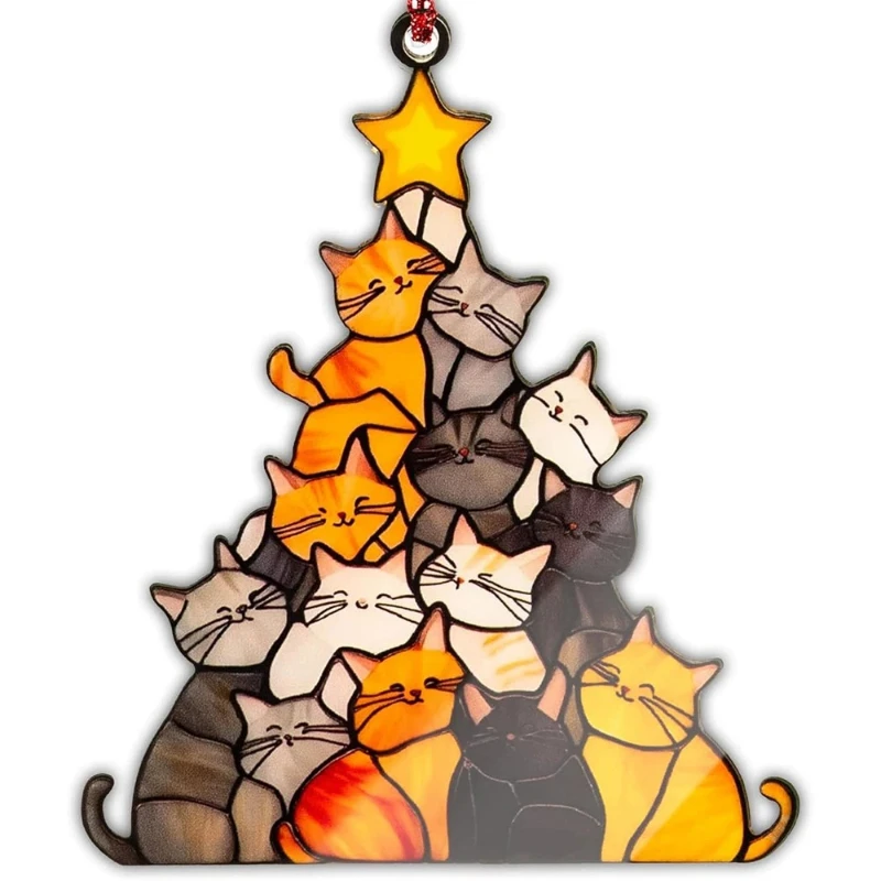 9cm Cat Christmas Tree Suncatcher Ornament Cute Cat Lover Gifts Women Funny Christmas Decorations