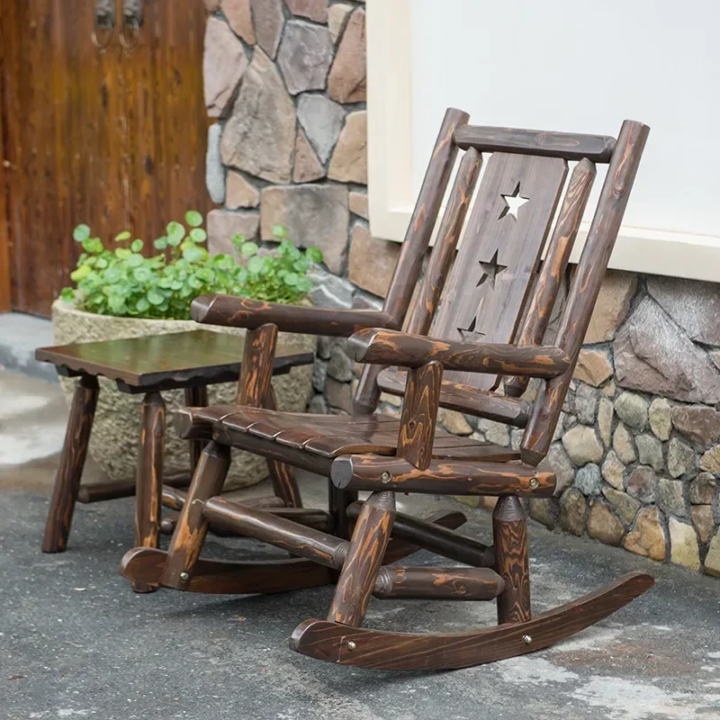 Antique Wood Outdoor Rocking Log Chair Wooden Porch Rustic Single Rocker Leisure Design Armchair for Deck, Balcony or Indoor Use