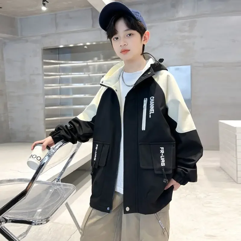 4-14Yrs Teens Boys Spring Autumn Pocket Jacket 2026 New Casual Clothes Large Children\'s Zipper Hooded Windproof kid overcoat
