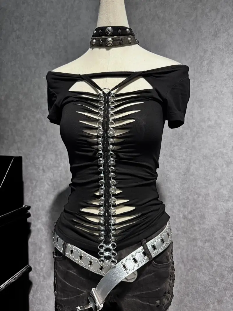 

Punk Rave Women's T-shirt Low Cut Hollow out Back Slim Fit Short Sleeve round Neck Summer Design Sense Fashion Top