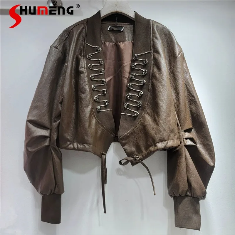 여성용 2025 가을 신상 패션 라인스톤 장식 코트 여성용 솔리드 컬러 인조 가죽 재킷 루즈 롱 슬리브 재킷