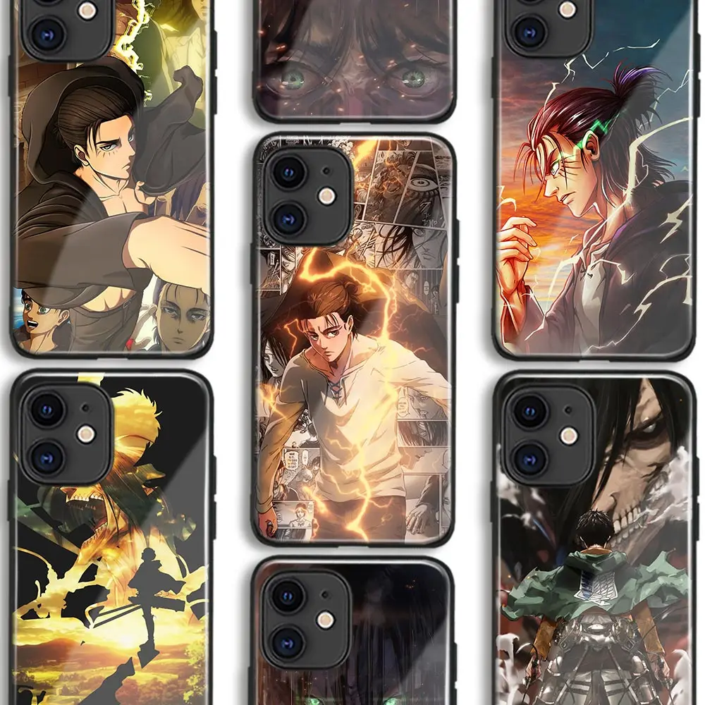 Eren Yeager Anime Character TPU Tempered Glass Phone Case for iPhone 16 15 14 11 Pro Max 7 8 15 16 Plus Xr Xs 12 13 Mini