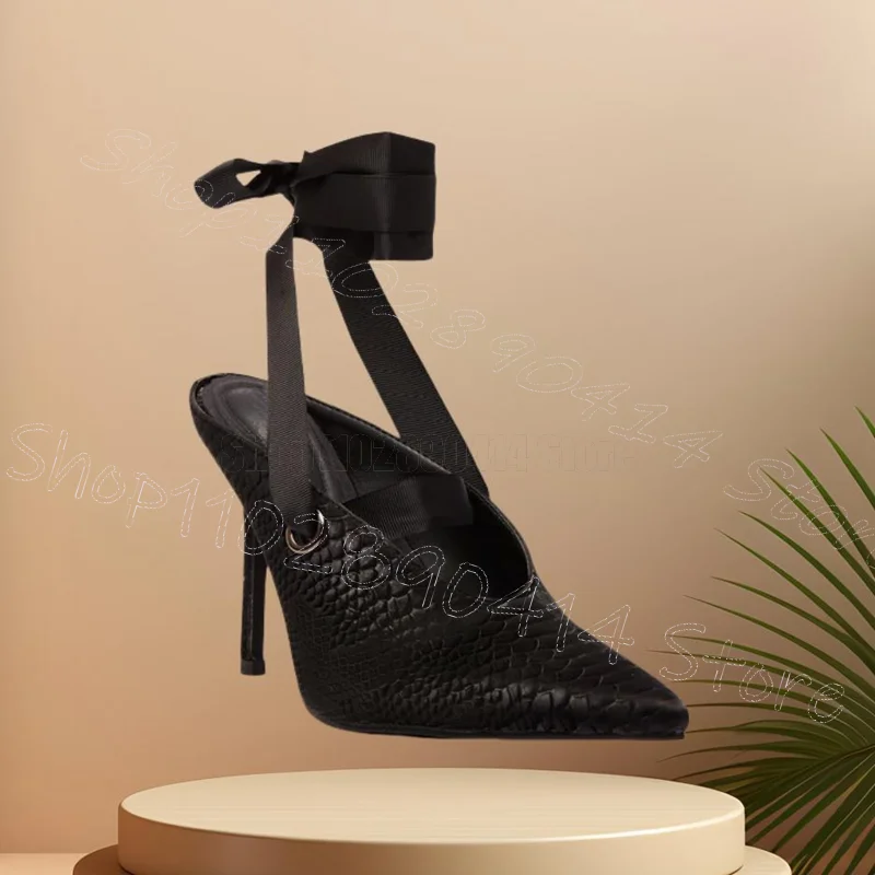 حذاء نسائي أسود مطبوع عليه تمساح بمقدمة مدببة حذاء نسائي برباط بكعب عالي رفيع موضة الحفلات والمواعدة 2025 Zapatos Para Mujere #2
