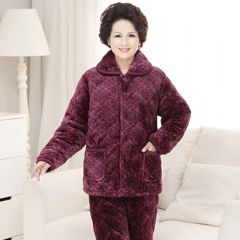 2023 New Winter Women Middle-aged Elderly Coral Velvet Padded Thickened Pajama Set Oversized Elderly Pajama Cotton Jacket