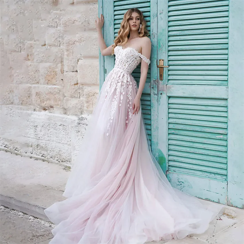 Robes de mariée élégantes avec appliques en dentelle rose clair pour femmes, décolleté de la présidence chérie, occasion de mariage, robe de mariée blanche, robe de plage