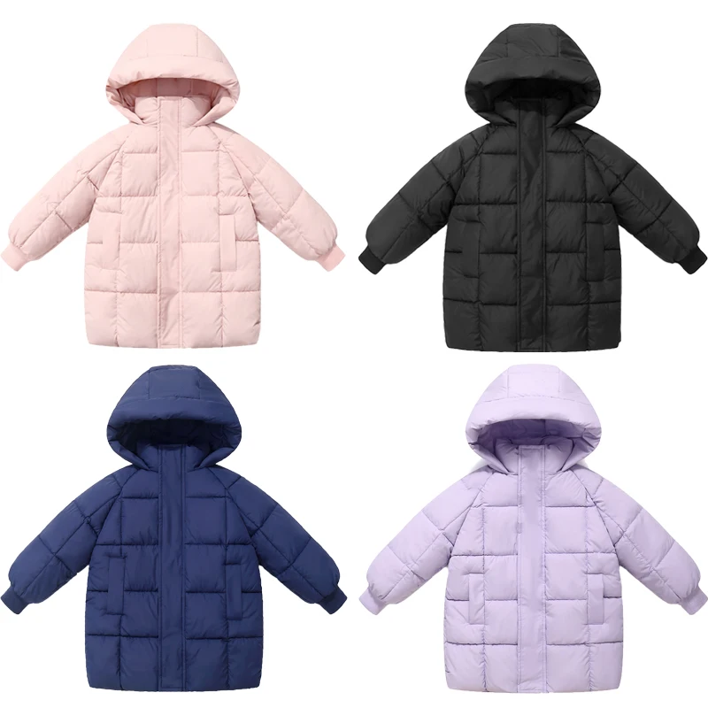 Long Winter New Girls Boys Jacket Solid Color Thick Warm Hooded Zipper Cotton Windbreaker For 3-8Y Kids Cotton Down Snowsuit