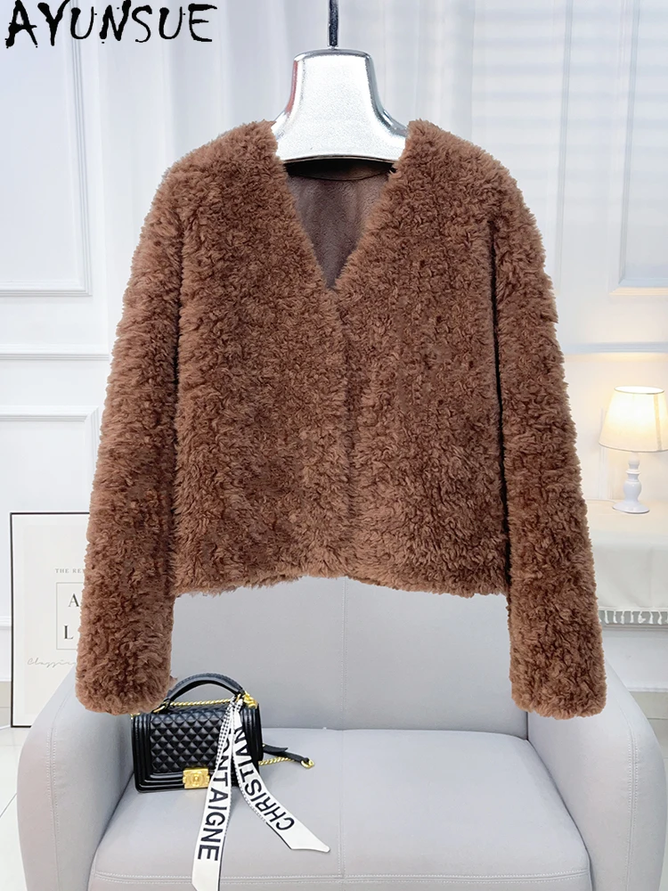 AYUNSUE 2025 가을 겨울 100% 천연 양모 여성 자켓 v 넥 양고기 모피 자켓 여성 의류 New Outerwears Ropa Para Mujer