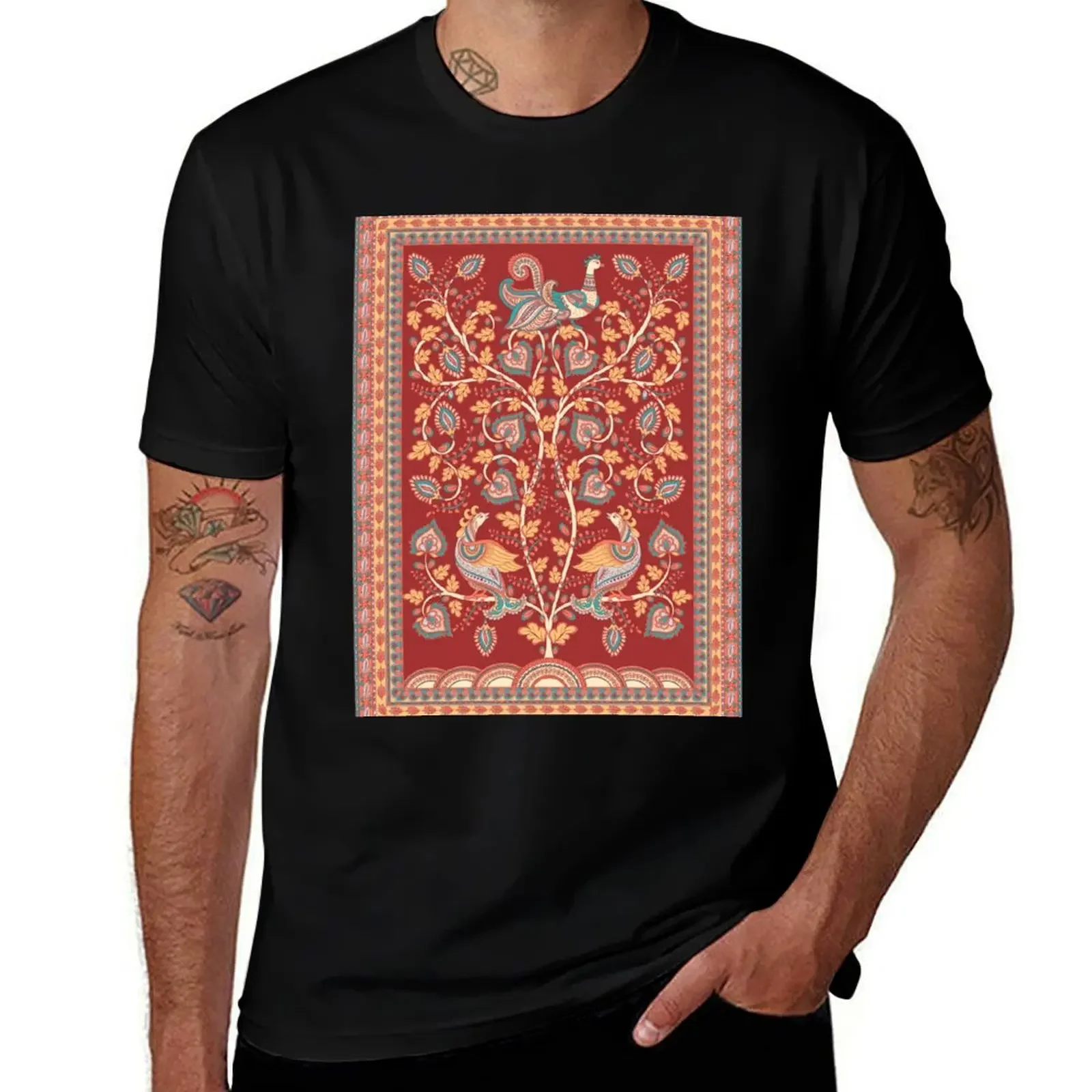 Tree with flowers, peacocks on the branches, openwork frames, burgundy background. A rectangular composition in the Indi T-Shirt