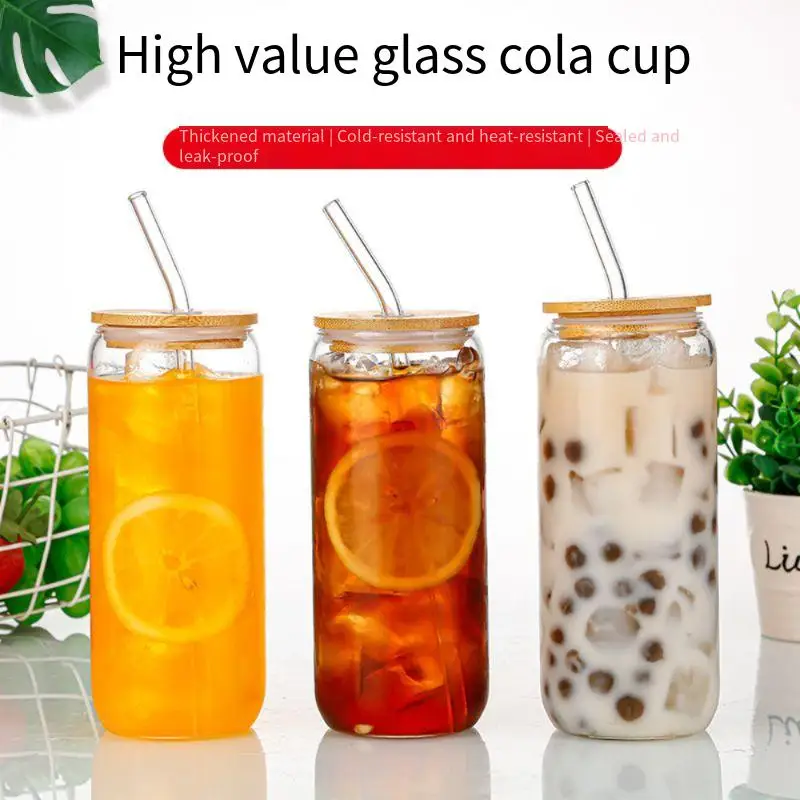 Amazon high boron silicon straw glass transparent glass high temperature resistant Coke glass bamboo cover fruit juice cold drin