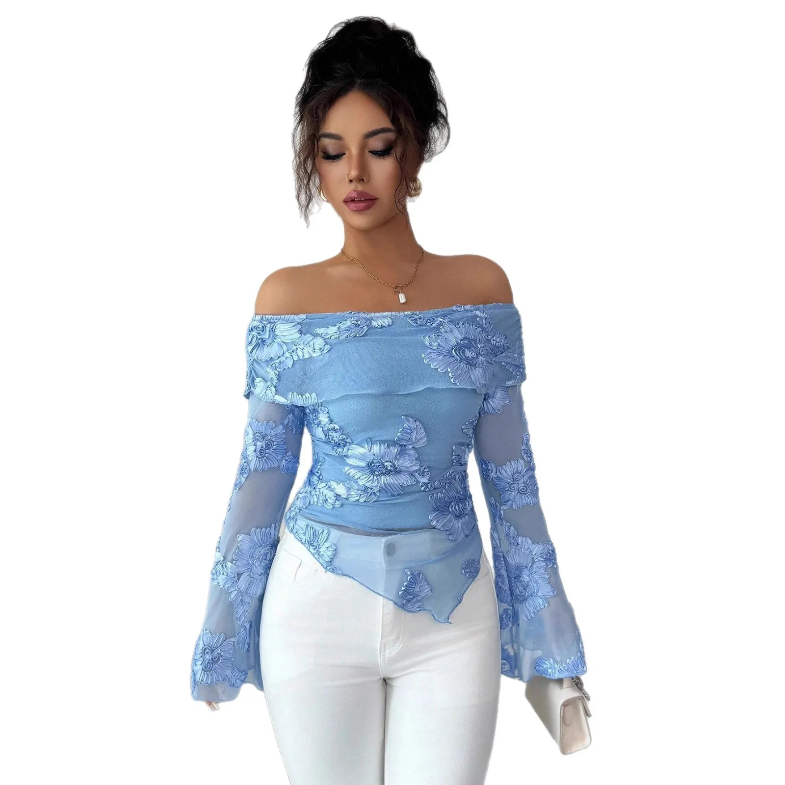 2026 Spring New One-word Neck Horn Sleeve Asymmetrical Hem Embroidered Versatile Foreign Style Top Women Cw29111