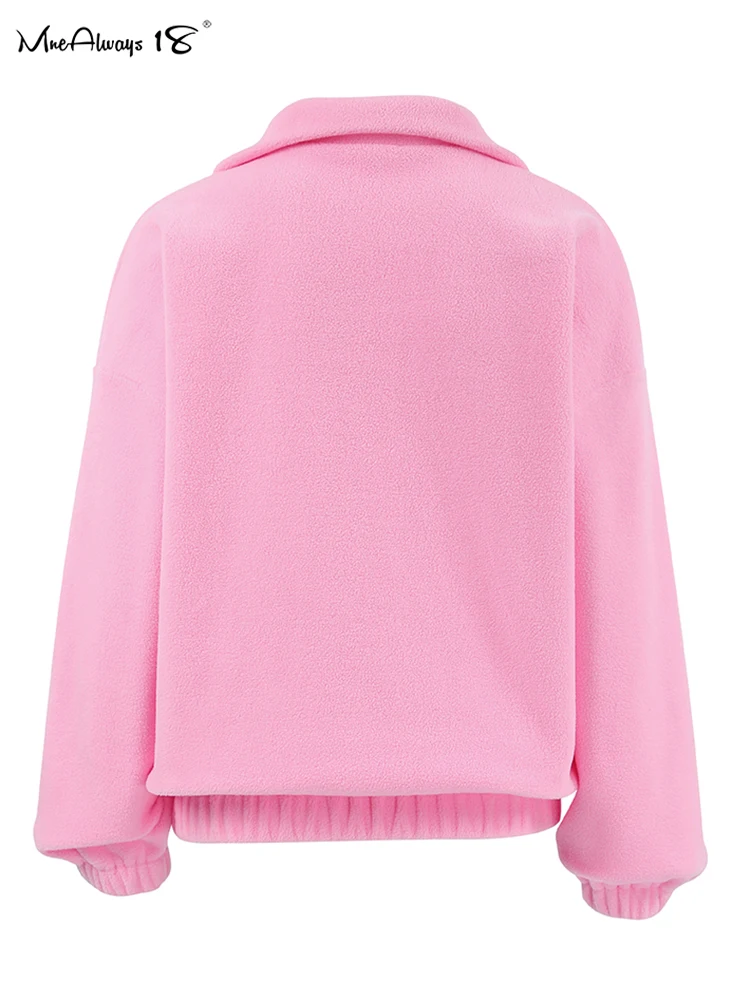 Mnealways18 Polar Fleece Pink Zipper Pullover Tops Women\'s Streetwear Long Sleeves Sweatshirts Autumn Winter 2024 Fashion Ladies