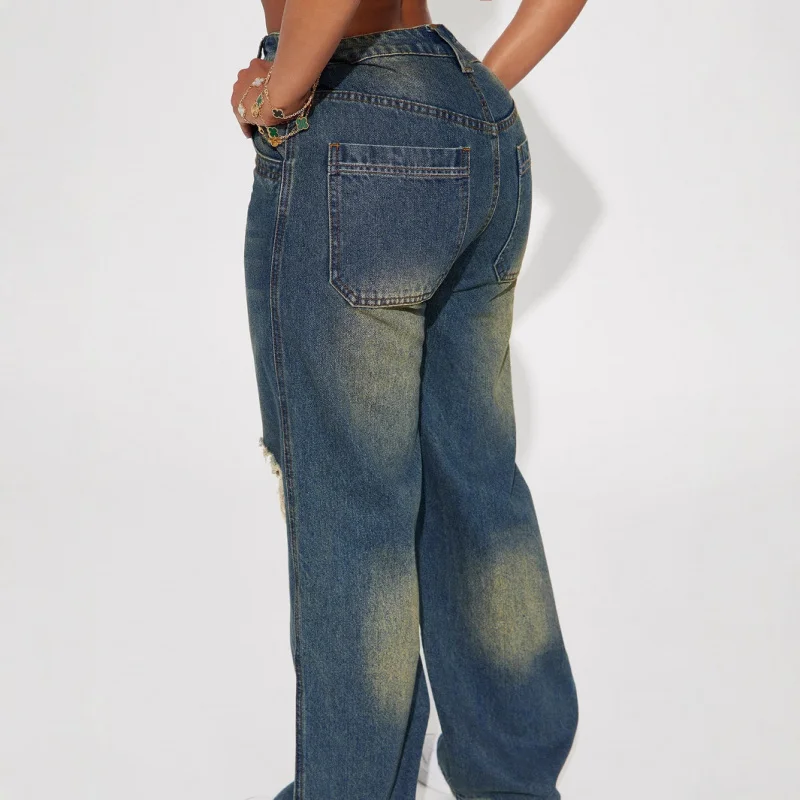 بنطال جينز نسائي جديد على الطراز الأوروبي والأمريكي ممزق بأرجل مستقيمة #4