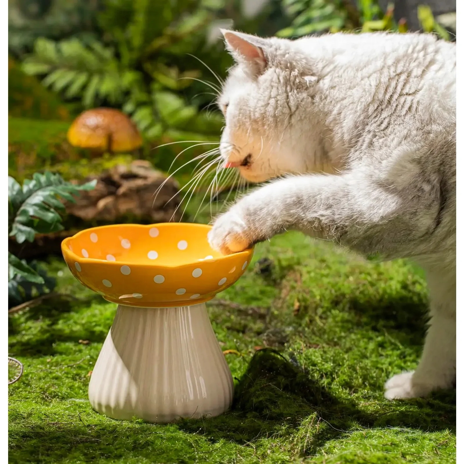 Mushroom Shaped Cat Bowl Cute Polka Dot Safe Ceramic Elevated Cat Bowl for Cats and Dogs Drinking Water Bowl Cat Feeder