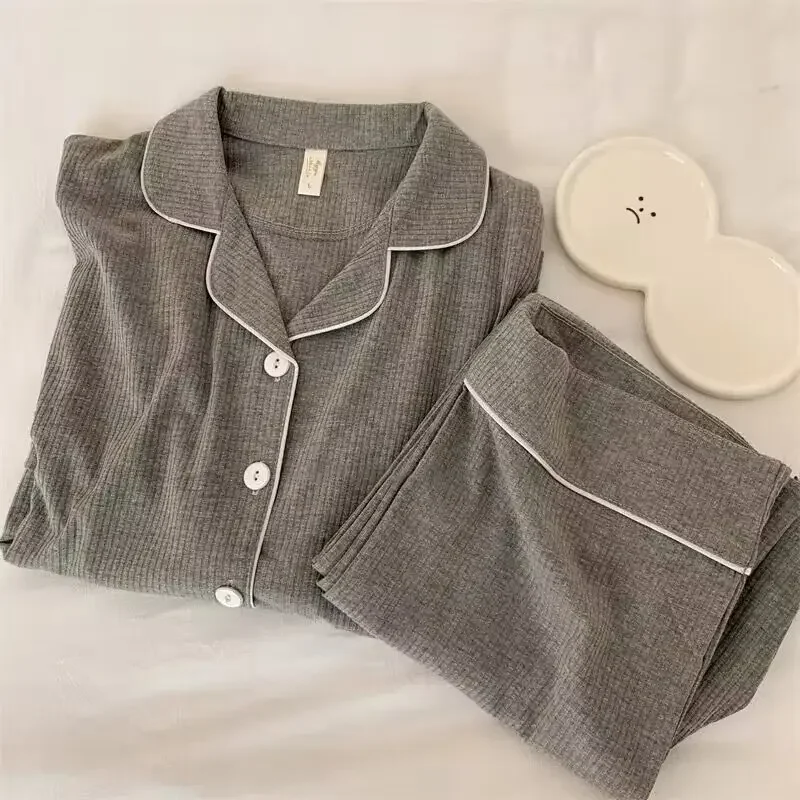 Pyjama Long et Gainé pour Femme, Cardigan Porté A, Gris, Haut de Gamme, Automne et Printemps, Deux Pièces Simples