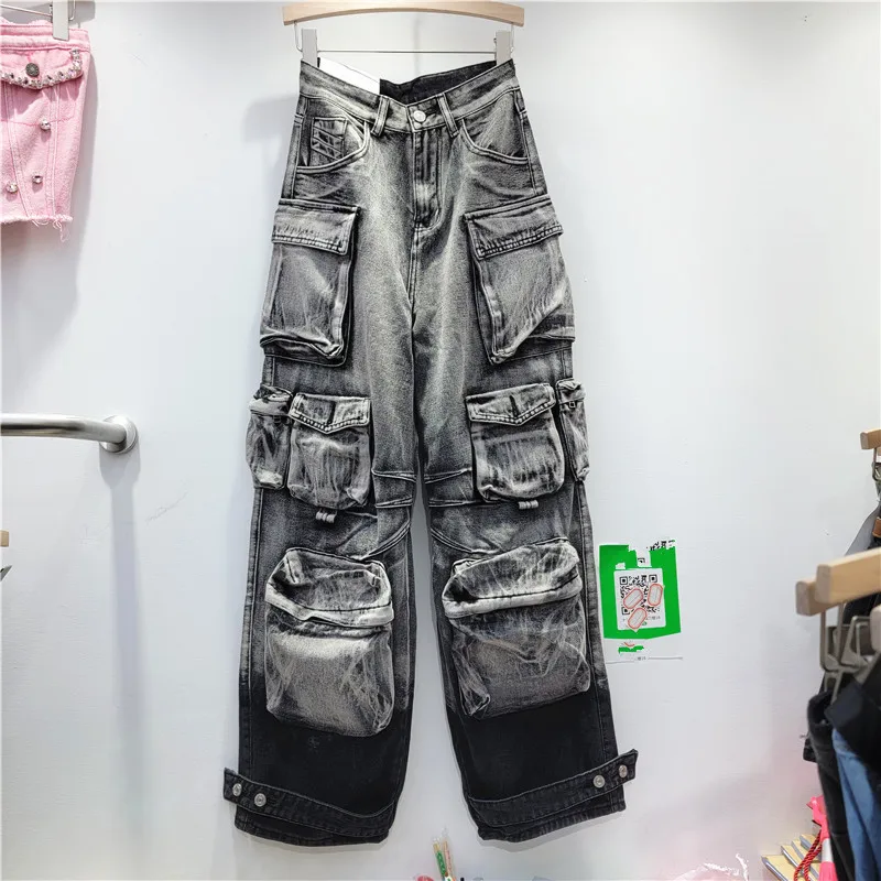 

2024 Autumn Multi Pockets Cargo Style Denim Pants Women Button Fly High Waist Loose Casual Straight Jeans Trousers Streetwear