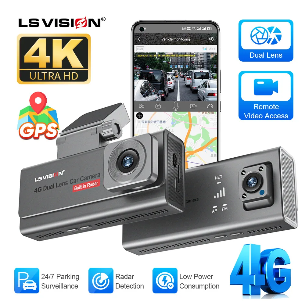 

LS VISION 4K 4G Car Surveillance Camera Dual Lens Dashcam Radar Detection All Round 24/7 Parking Monitoring APP Remote Live View