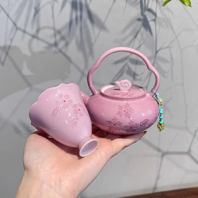 

Розовые и фиолетовые маленькие цветы, расписанные вручную, горшок из чашки кунг-фу, чайный сервиз, питьевой набор для одного человека,