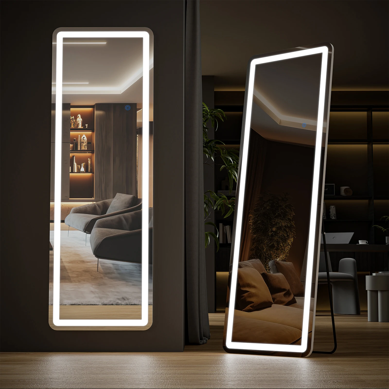 MCQ 64x21 Inch Led Rectangle Full Length Mirror with Stand Full Body Wall Mounted Aluminum Alloy Frame Mirror Modern Wall Mount Vanity Mirror for Home