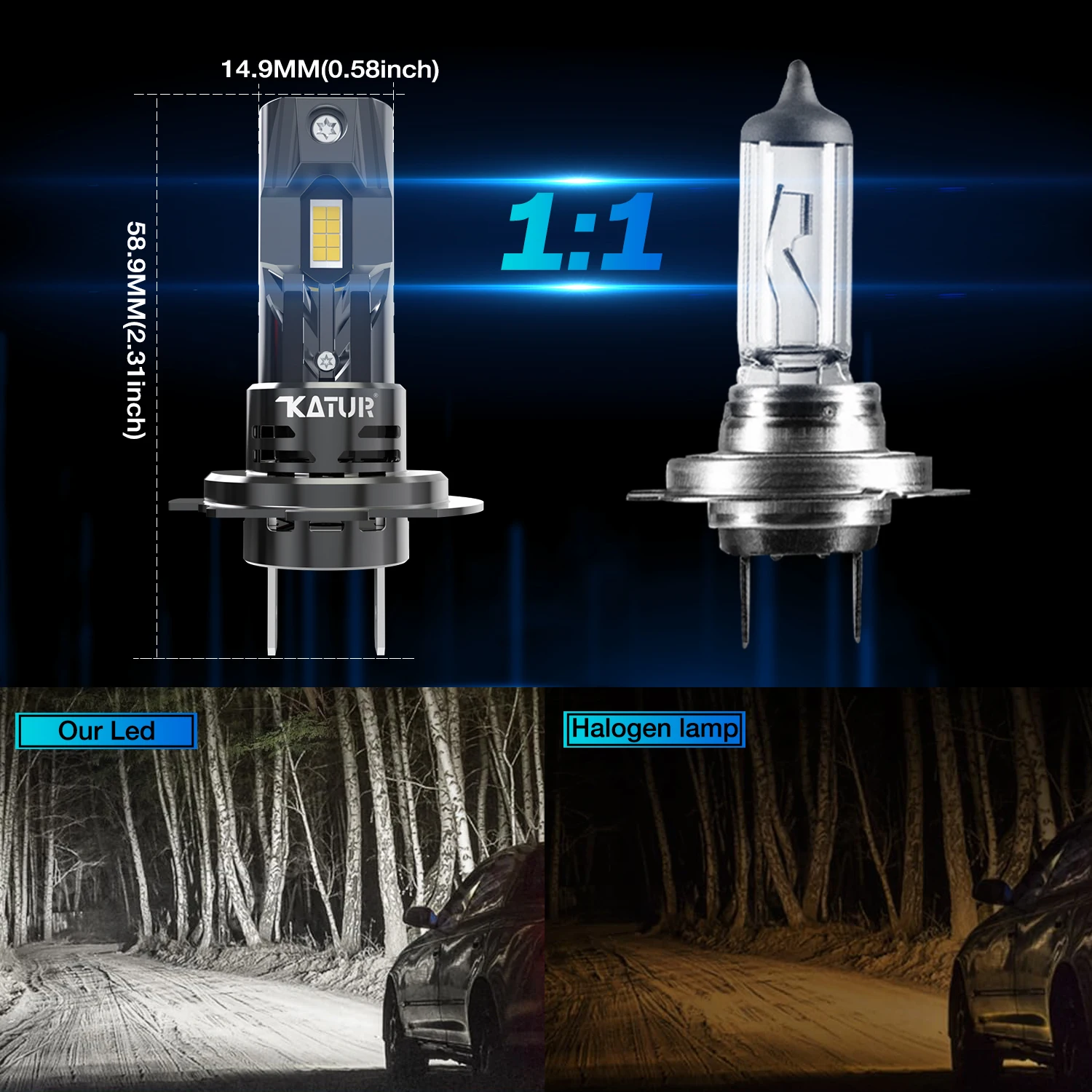 Katur 2pcs High Power H7 LED Headlight Bulbs Super Bright Powerful No Adapter Required Car Turbo Diode White Moto Fog Lamp
