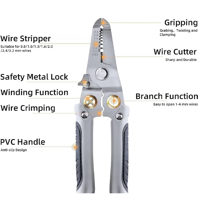 Electrician Specific Wire Stripper, 6-in-1 Multifunctional Cable Stripper used for Cable Stripping Cutting Anti Slip Handle