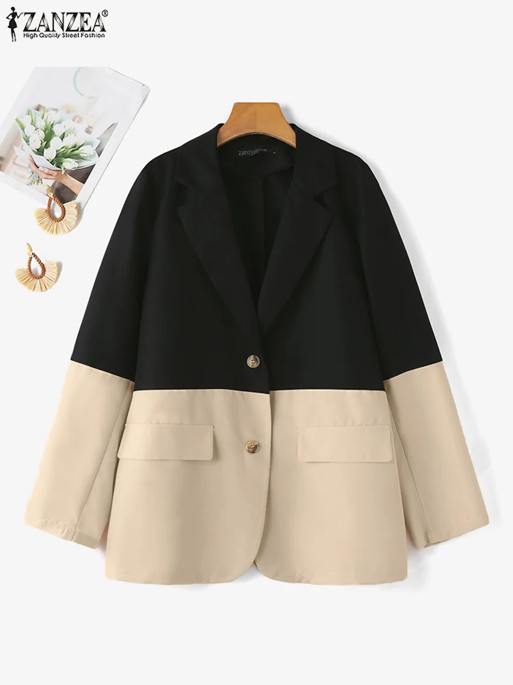 ZANZEA Korean Style Long Sleeve Suit Jackets Autumn 2024 Office Wear Contrast Color Loose Casual Blazer Women Lapel Neck Blazer