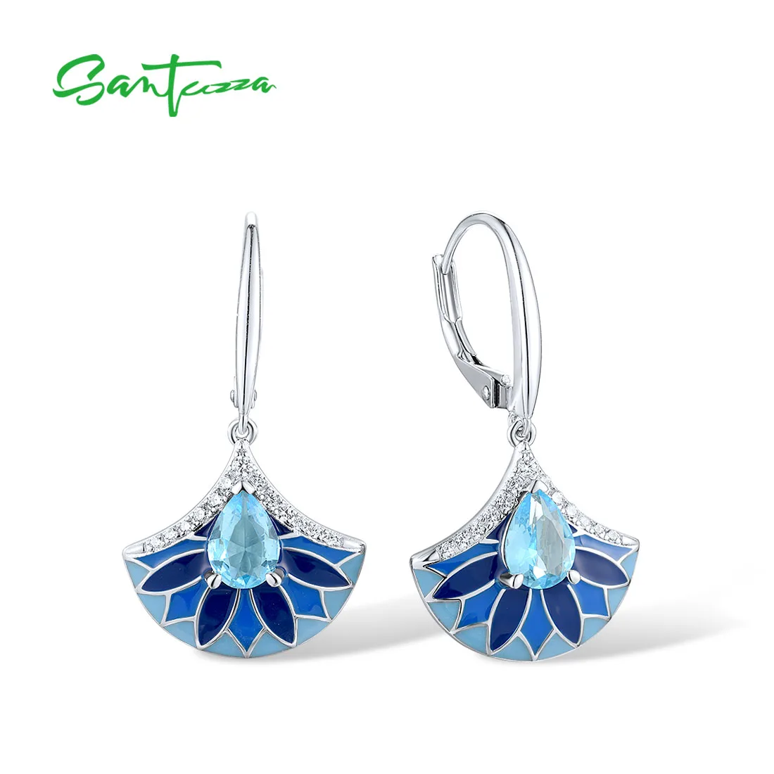 SANTUZZA Authentic 925 Sterling Silver Drop Earrings For Women Sparkling White CZ Blue Stone Fan Shape Chic Party Fine Jewelry