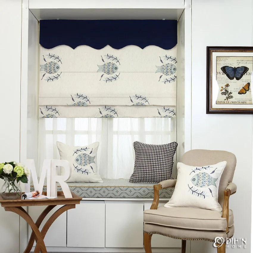 Fashion Lucky Fish Emboirdered Custom Made Roman Shades Window Drapes For Living Room Included Mechanism