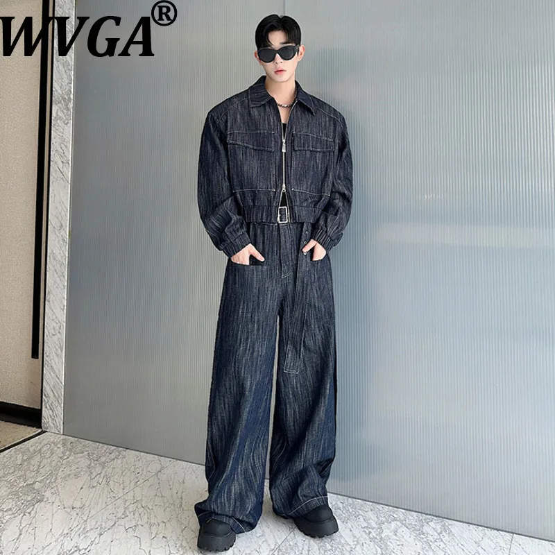 

WVGA Spring Autumn New Men Tide Turn-Down Collar Washed Short Denim Coats Niche Chic Casual Wide-Leg Pants Two Pieces Set W16990