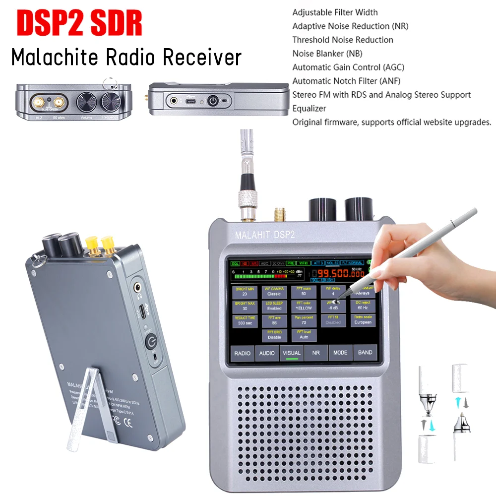 DSP2 SDR Malachite Radio Receiver 10kHz-380MHz 404MHz-2GHz Radio Speaker 5000mAh Battery Adjustable Filter 3.5-inch Touch LCD