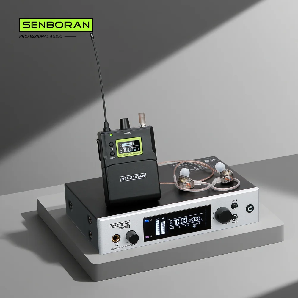 Senboran 1000Rs sistema de Monitor de oído inalámbrico UHF de Audio de escenario de baja latencia con transmisor múltiple para cantante de puesta en escena