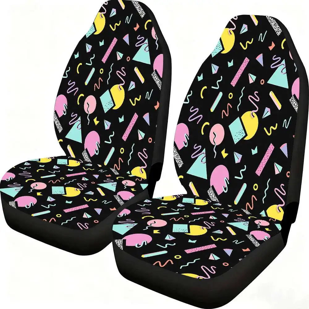 2pcs Memphis Style Car Seat Covers Compatible For Front Seats - High-Back Design With Multicolor Geometric Patterns (,,,) - Fit