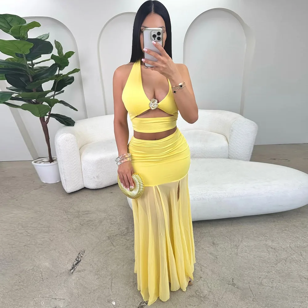 

Sexy Womens Dress Sets Cut-Out Crop Top and Side Slit Chiffon Maxi Skirt Suit 2025 Vacation Outfits 2 Two Piece Set Club Wear