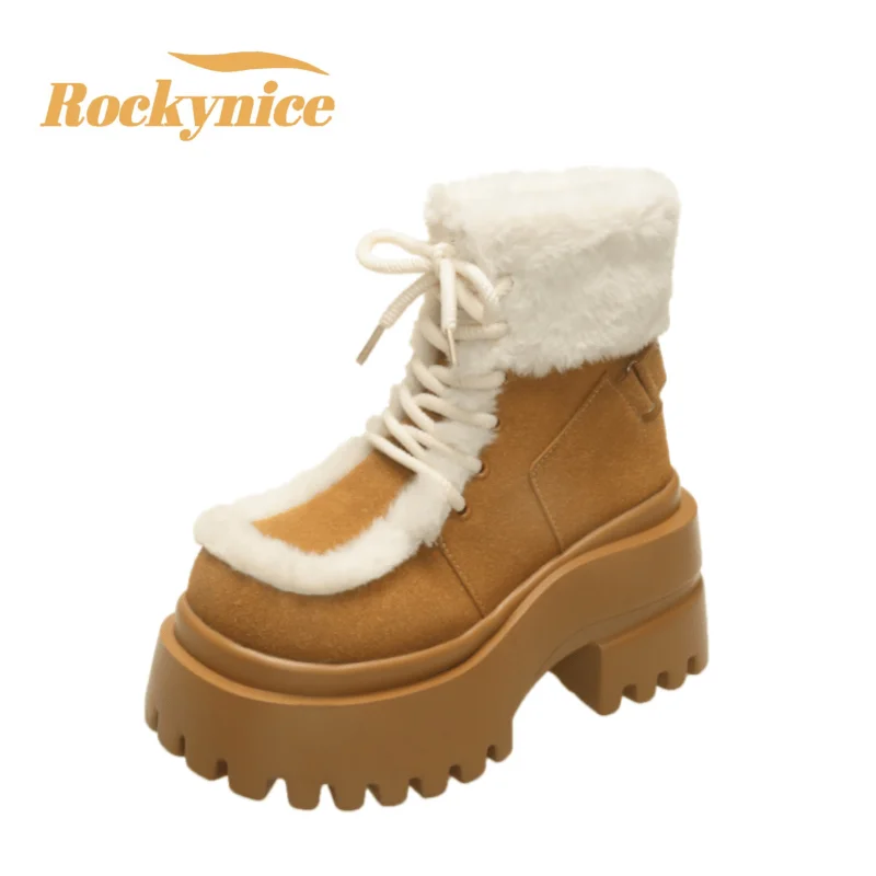 

New 2025 Winter Chunky Heels Women Fur Snow Boots Warm High Platform Cotton Shoes 9CM Suede Leather Short Booties Zapatos Mujer