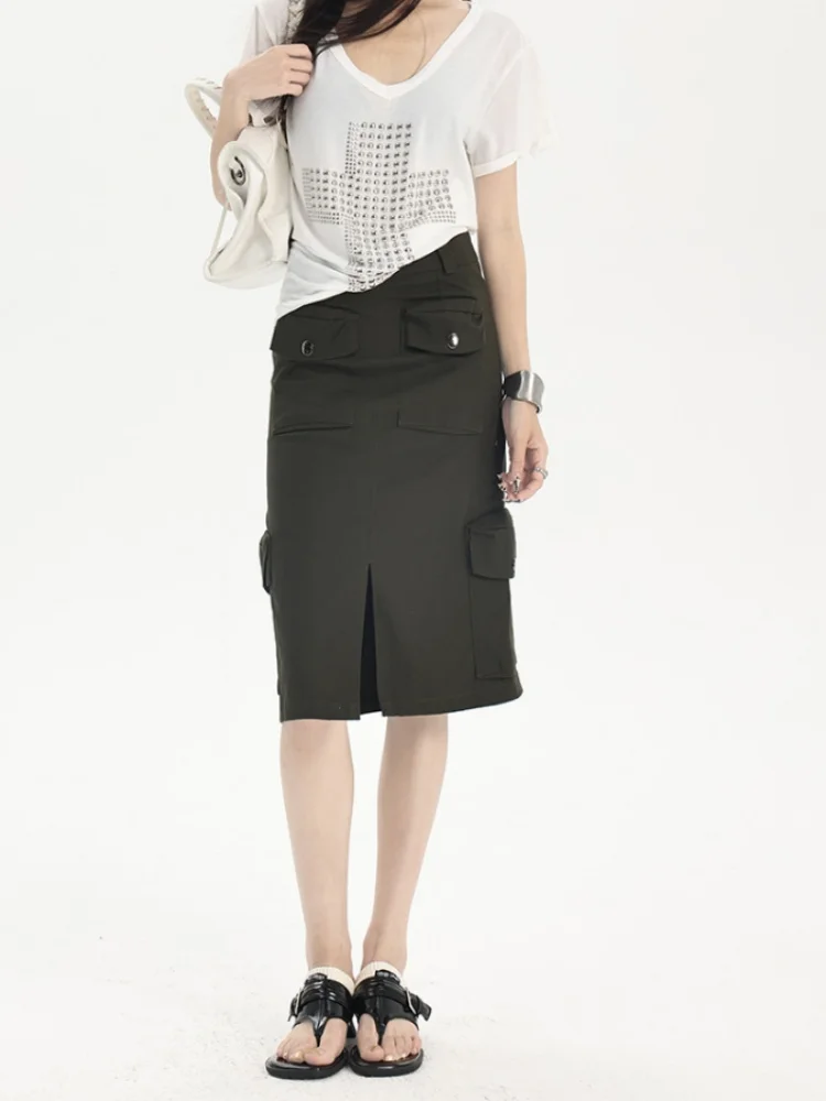 Casual Solid Split Bodycon Cargo Skirt For Woman 2025 Fashion High Waist Vintage Pocket Cotton All-match Midi Skirts Jupe Femme