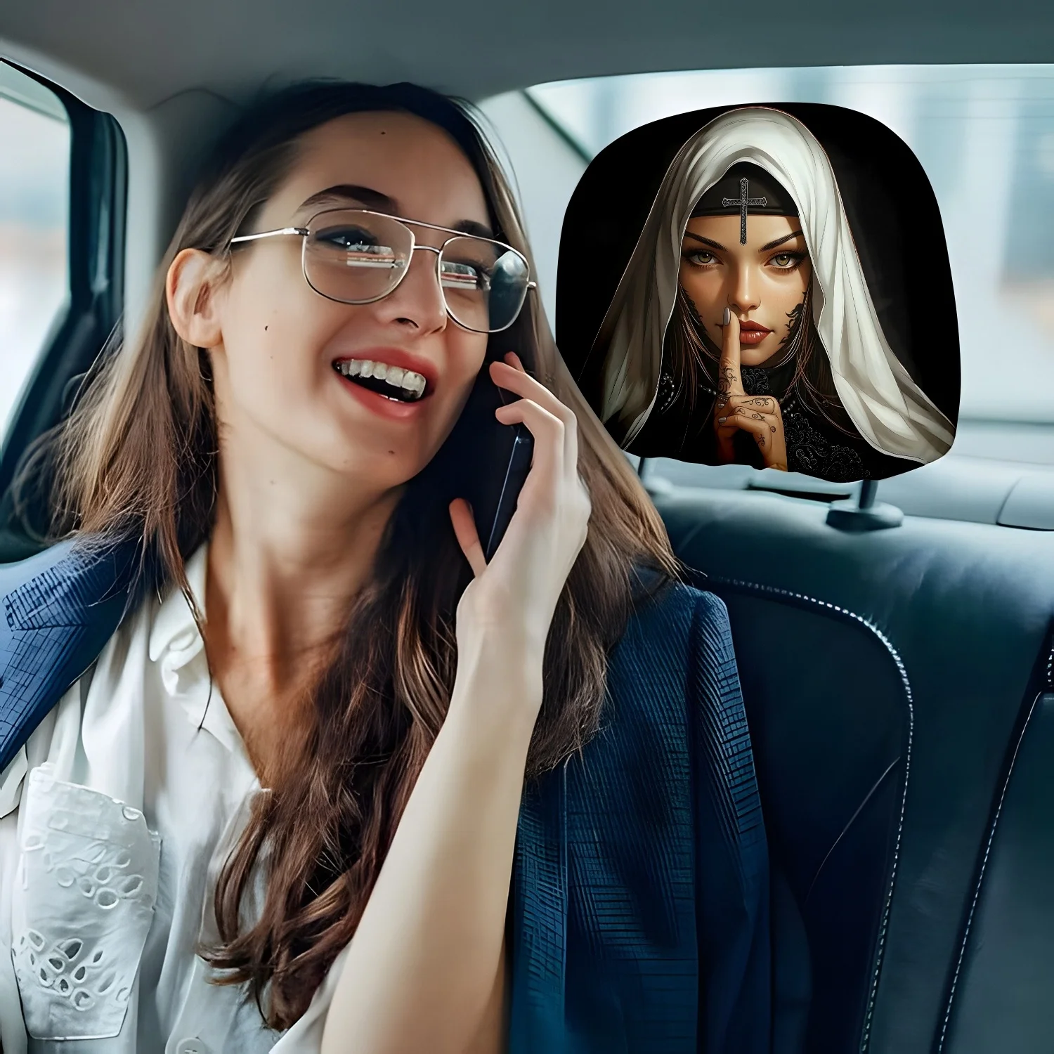 2pcs - Mysterious Gaze Under the Holy Veil  Printed  Headrest Covers, Cool Seat Accessory Protectors. Cleaning and Maintenance