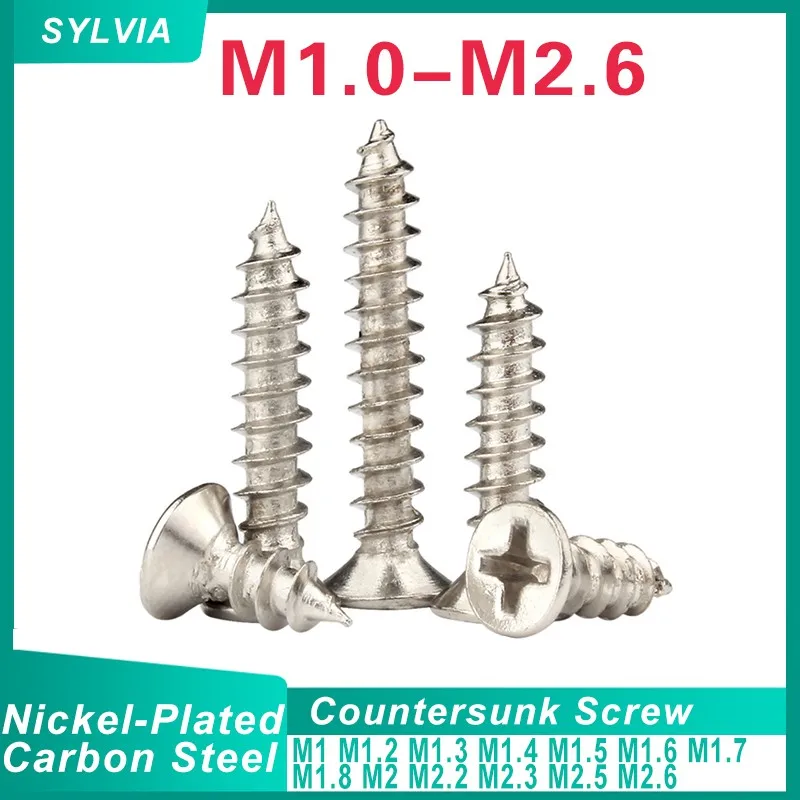 

100~ 1000pcs M1 M1.2 M1.4 M1.5 M1.6 M1.7 M2 M2.2 Mini Steel Nickel Plated Recessed Countersunk Flat Head Self-tapping Wood Screw