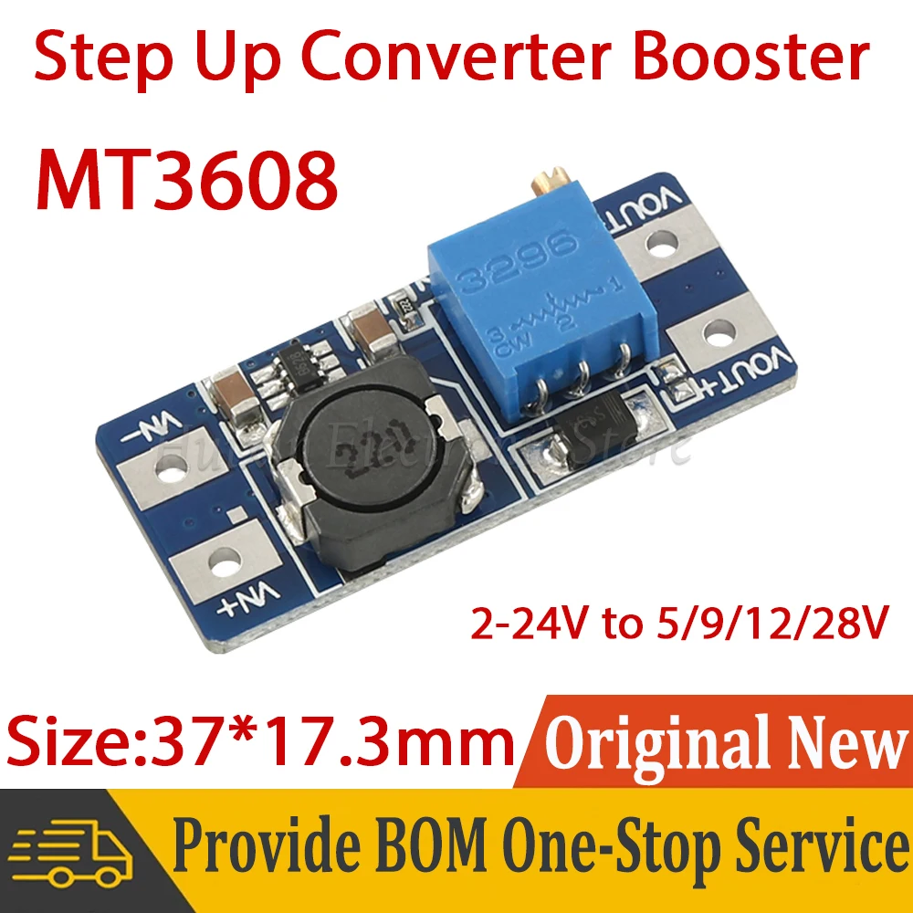 

5pcs MT3608 DC-DC Step Up Converter Booster Power Supply Module Step-up Board 2-24V to 5/9/12/28V Adjustable MAX output 28V 2A