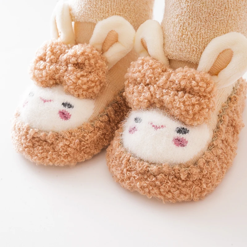 2023 Winter Infant Cute Fluffy Rabbit Doll Shoes Toddler Baby Non-Slip Thick Loop Socks First Walker Warm Cozy Terry Floor Shoes
