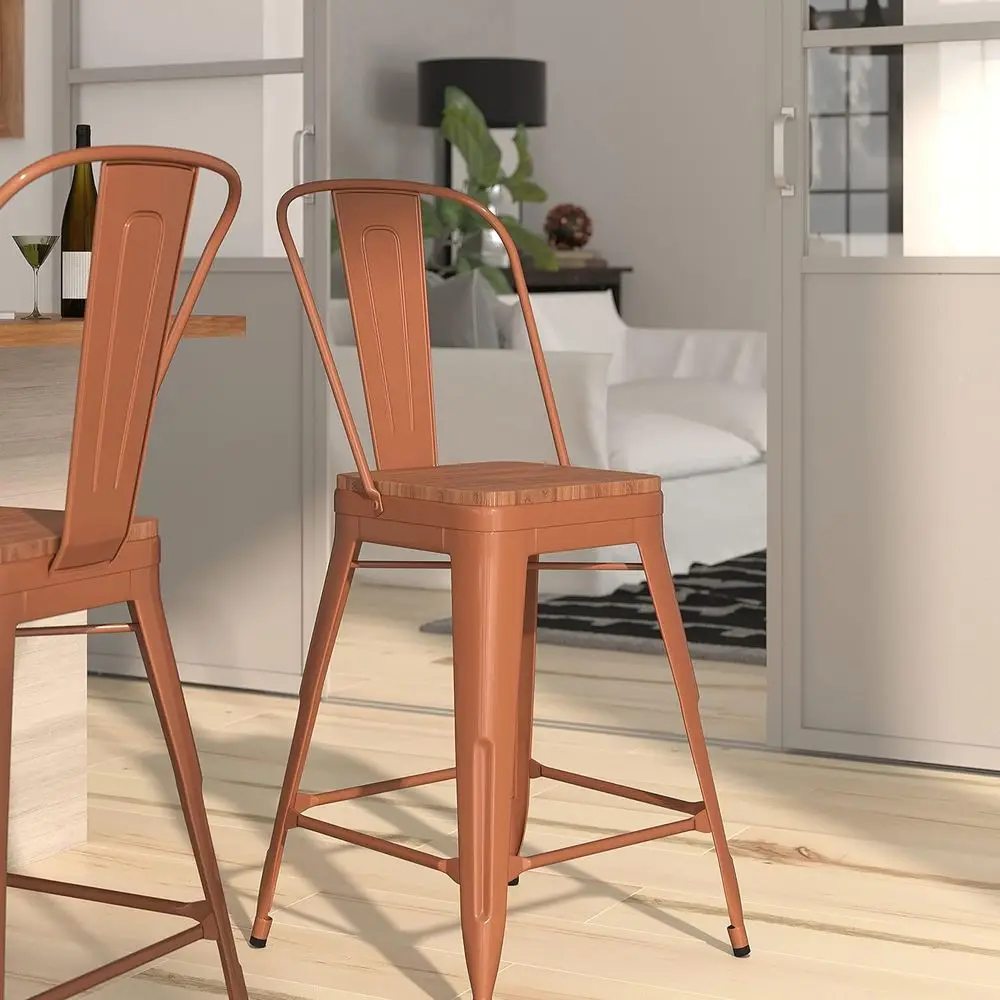 

Sarah 24" Indoor-Outdoor Counter Stool with Wood Seat - Metal Stool with Copper - Veal Slat Back
