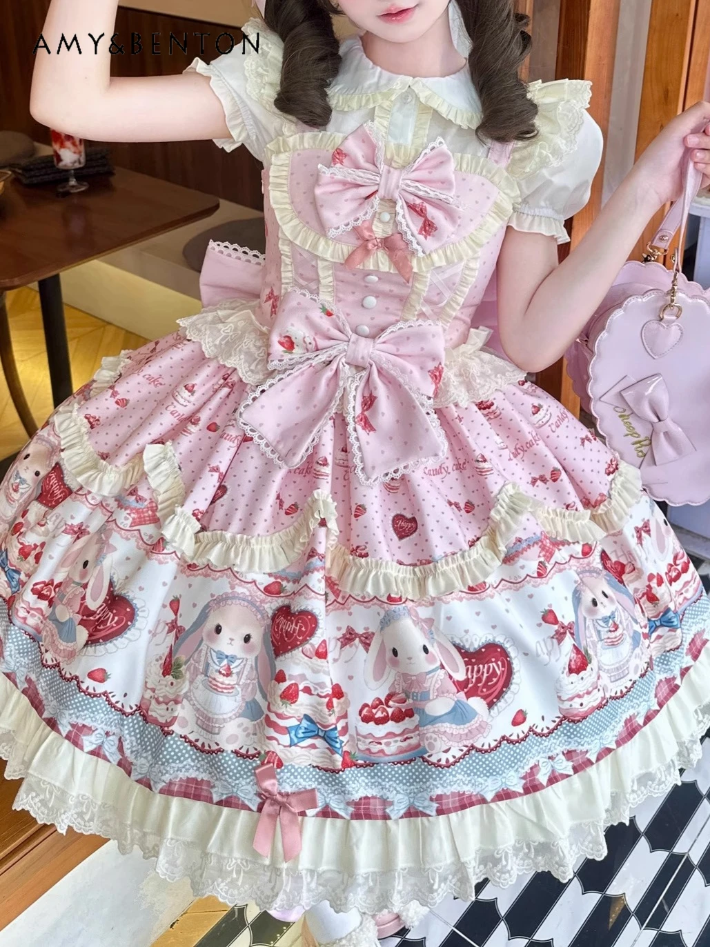 

Sweetheart Girl Cute Bunny Print JSK Lolita Dress Kawaii Bow Slim Elegant Princess Evening Dresses Birthday Dress for Women
