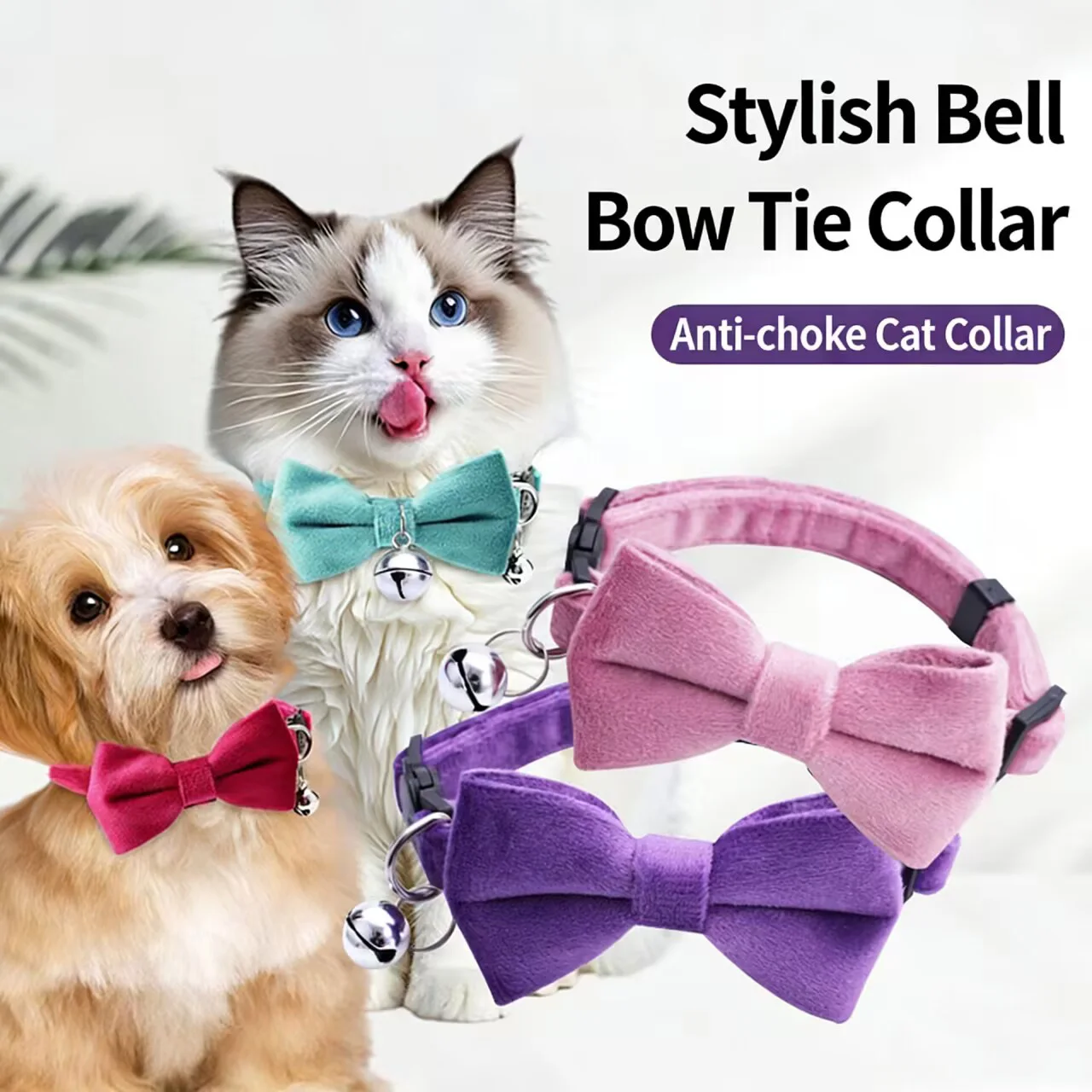 Abnehmbares Katzen- und Hundehalsband mit Fliege und Glocke, niedliches, verstellbares Hundehalsband mit Schleife und kleiner Glocke, Zubehör für Katzen – Detail 2