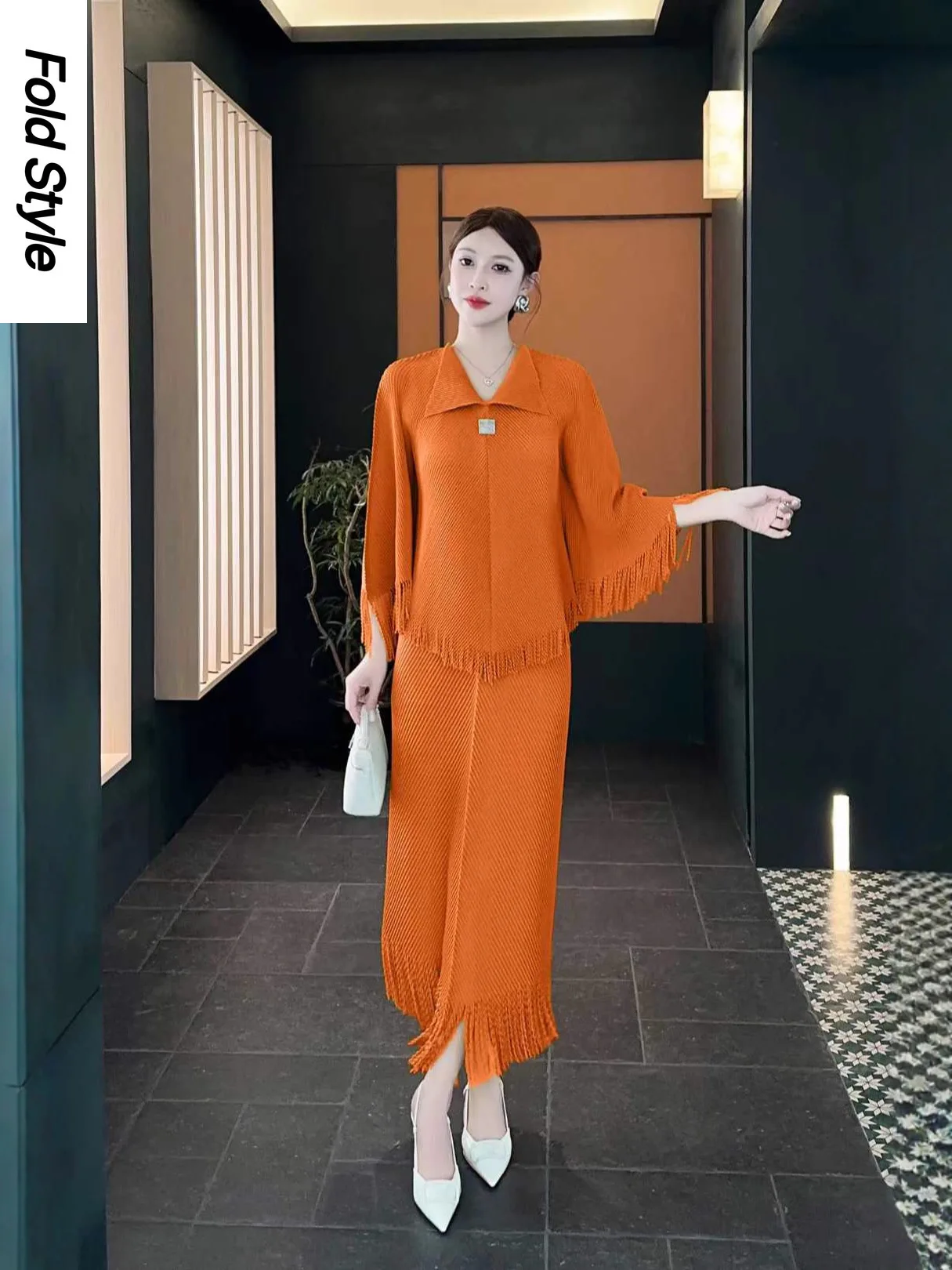 

Miyake модный свободный костюм с бахромой, плиссированный топ с рукавами «летучая мышь», темпераментная элегантная женская одежда из двух предметов, новинка осени