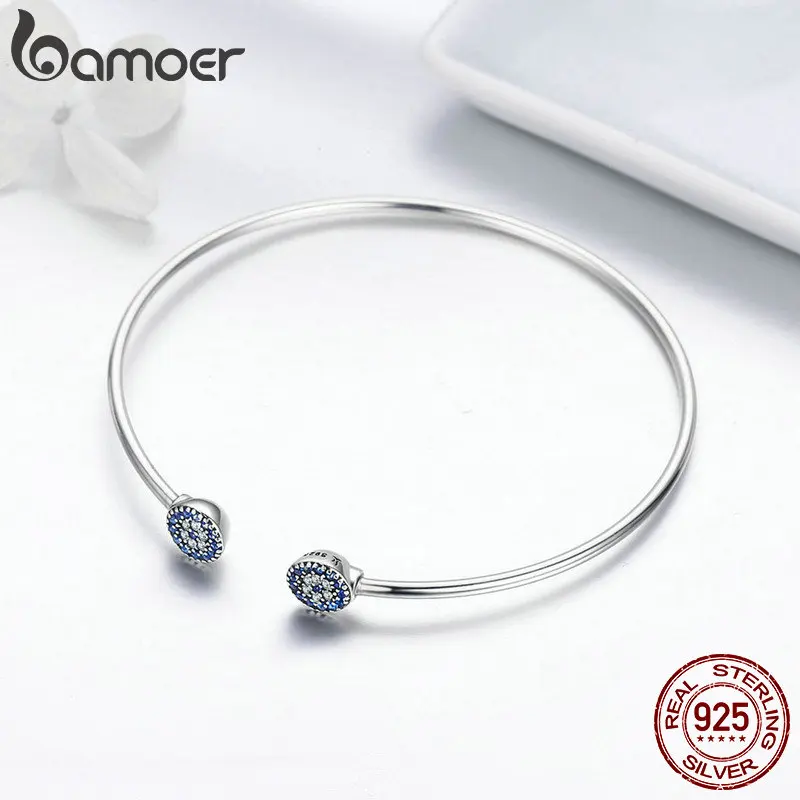 BAMOER 100% 925 Sterling Silver Blue Zircon Lucky Eyes Bracelet for Women Open Cuff Bangle Classic Luxury Jewelry SCB058