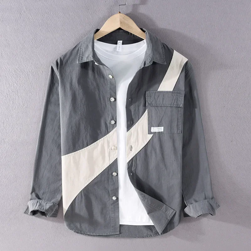 

Japanese Style Cargo Shirt Men Spring Fall Casual Pure Cotton Workwear Top Lapel Long Sleeve Patchwork Shirt Fashion Male Shirts