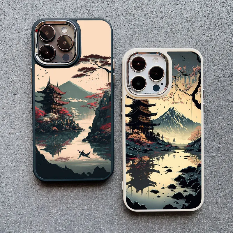 Japanese Mount Fuji Landscape Tree Ancient Tower Phone Case For iPhone 13 12 11 14 15 16 Pro Max 7 8Plus SE2 XR X Silicone Cover