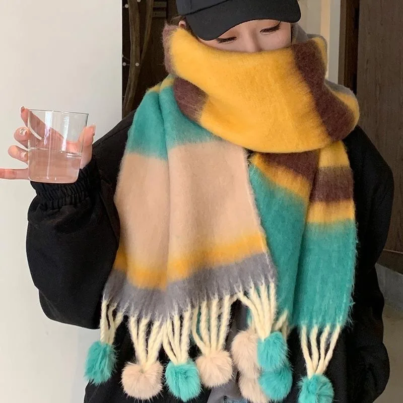 Women's Rainbow Fuzzy Scarf Plush Striped Infinity Wrap with Pom-pom Tassels Thermal Shawl for Autumn Winter Dopamine Color