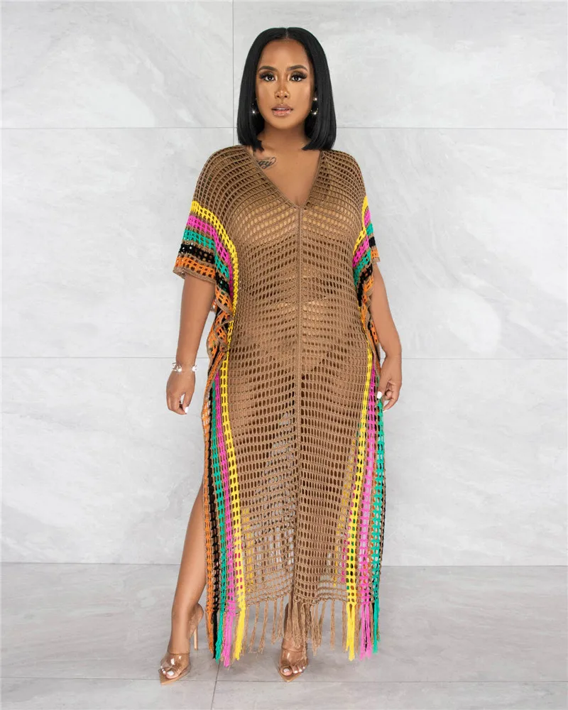 Knitted Crochet Women Cover Ups Dress Sexy Hollow Out See Through Maxi Vestidos Fashion Block Color Vacation Beachwear Outfits