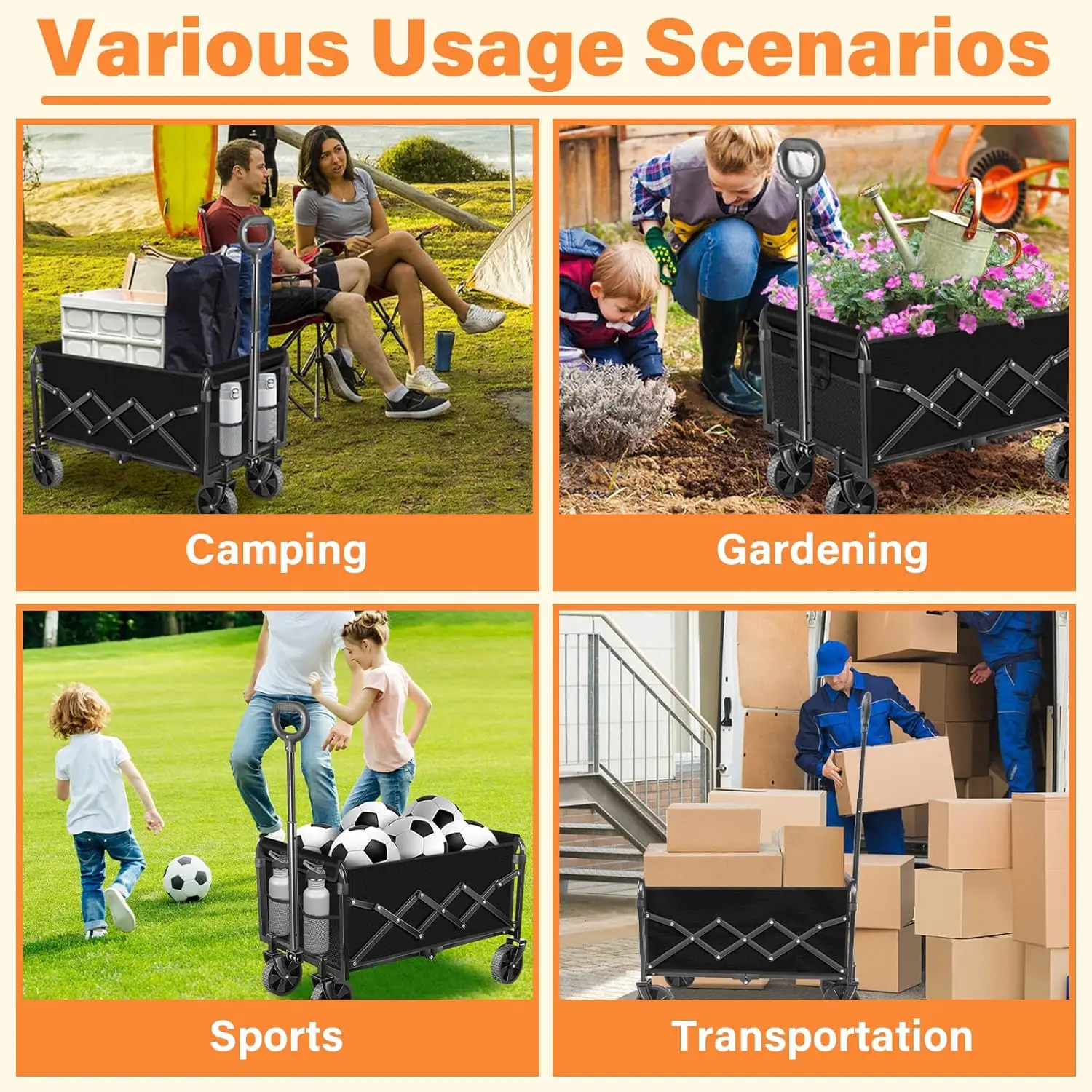 Opvouwbare wagenwagen met wielen, capaciteit van 360 lbs, lichtgewicht voor kamperen, reizen, picknicken, winkelen, sportopslag