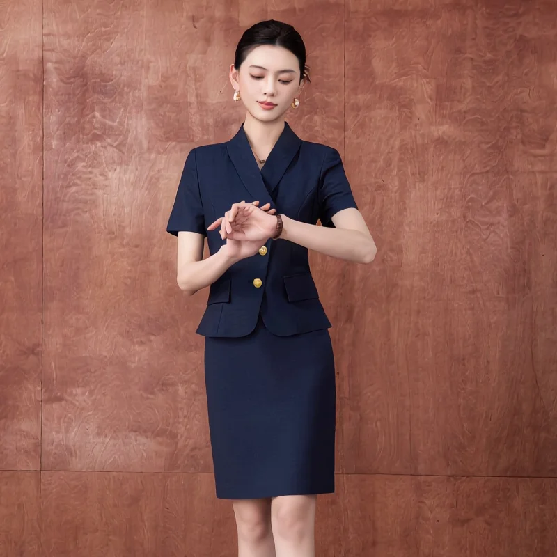 Women's summer thin short-sleeved professional suit skirt, high-end hotel manager front desk workwear, jewelry store work unifor